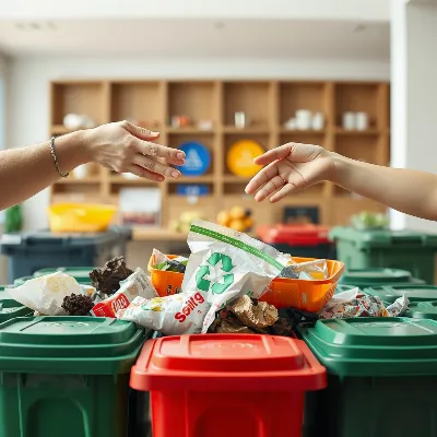 Hands sorting waste into different recycling bins, demonstrating eco-friendly disposal